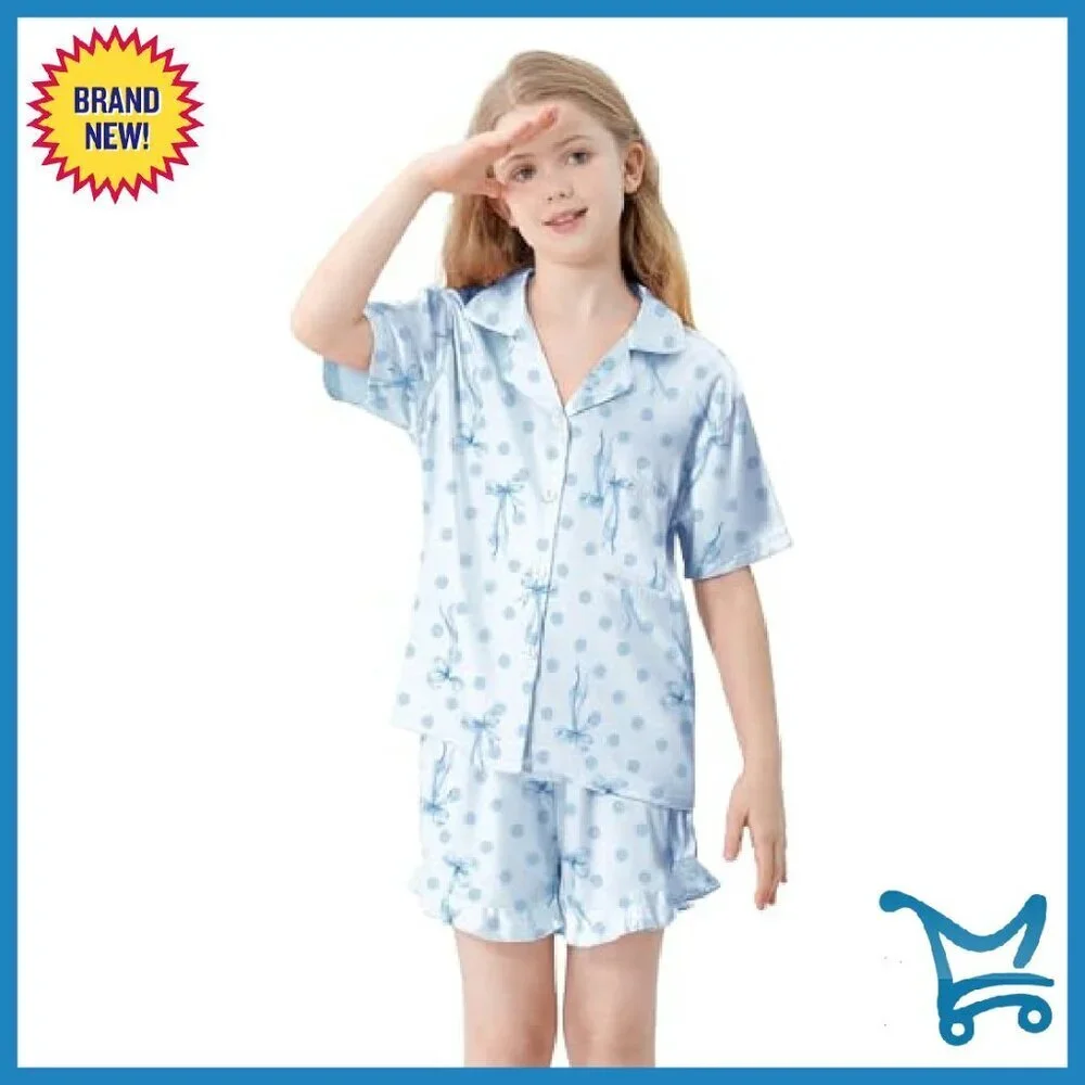 Girls Silk Satin Pajama Set 3-Piece Short Sleeve Sleepwear 5-14Y
